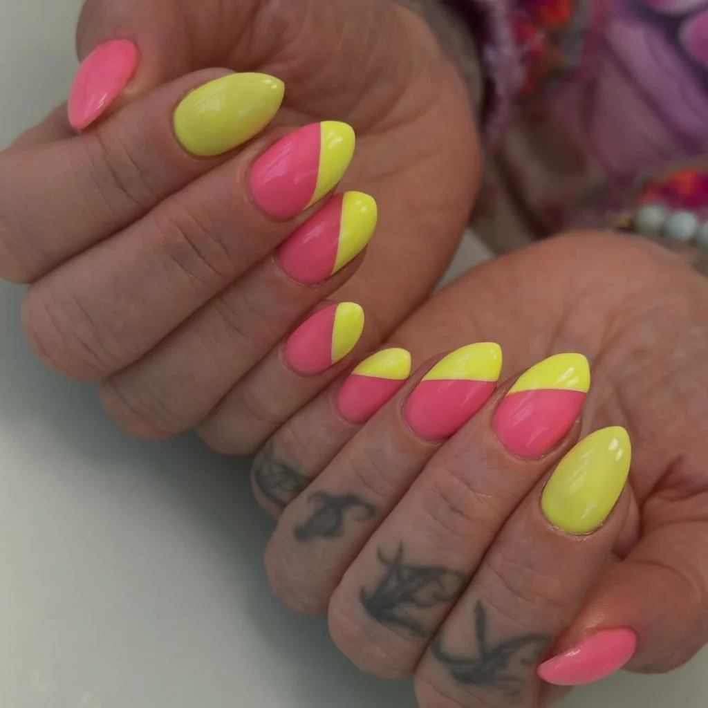 Neon Pink Yellow Color Block Almond Nails