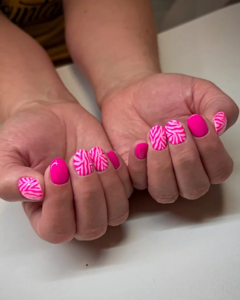 Neon Pink Zebra Print Short Nails 