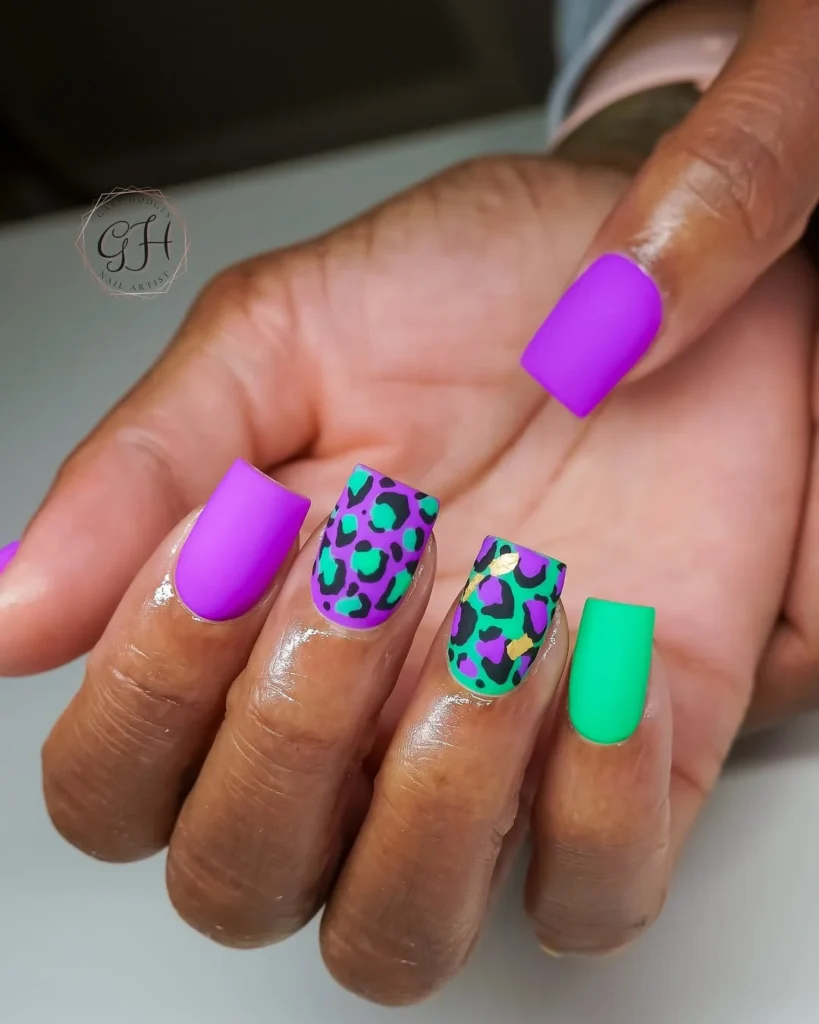 Neon Purple Green Leopard Nails