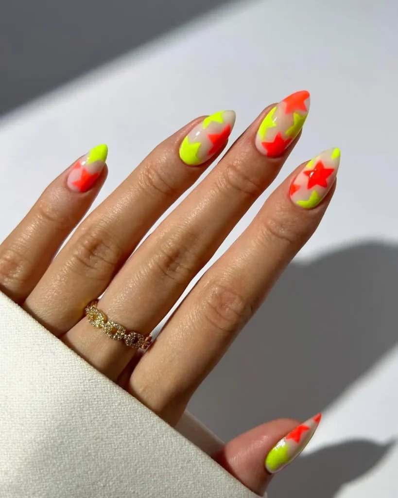 Neon Star Festival Almond Nails