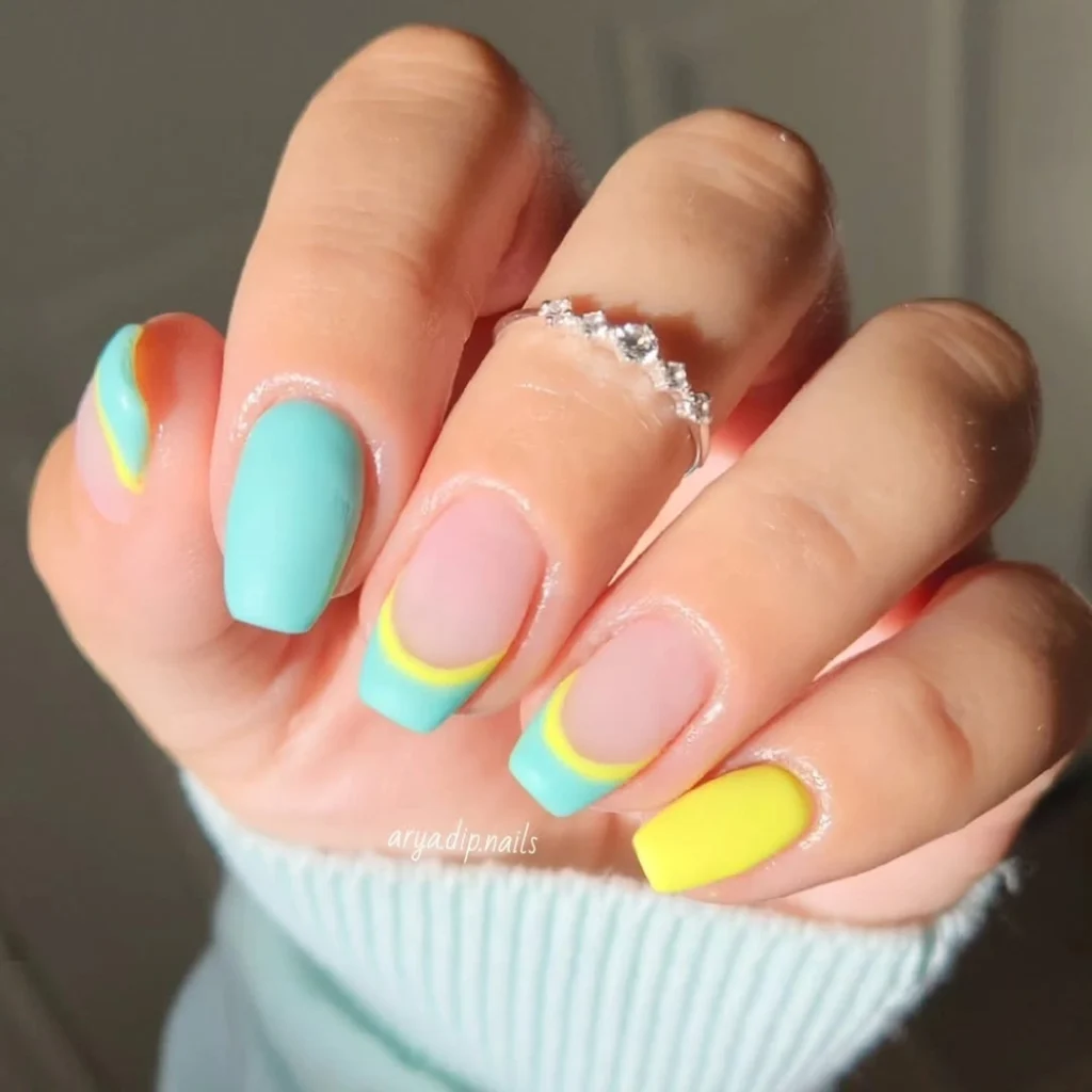 Neon Teal Yellow French Nails