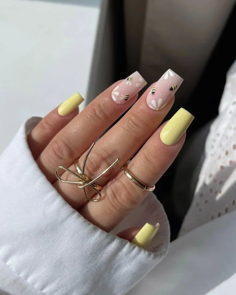 Neon Yellow Bee Daisy Coffin Nails