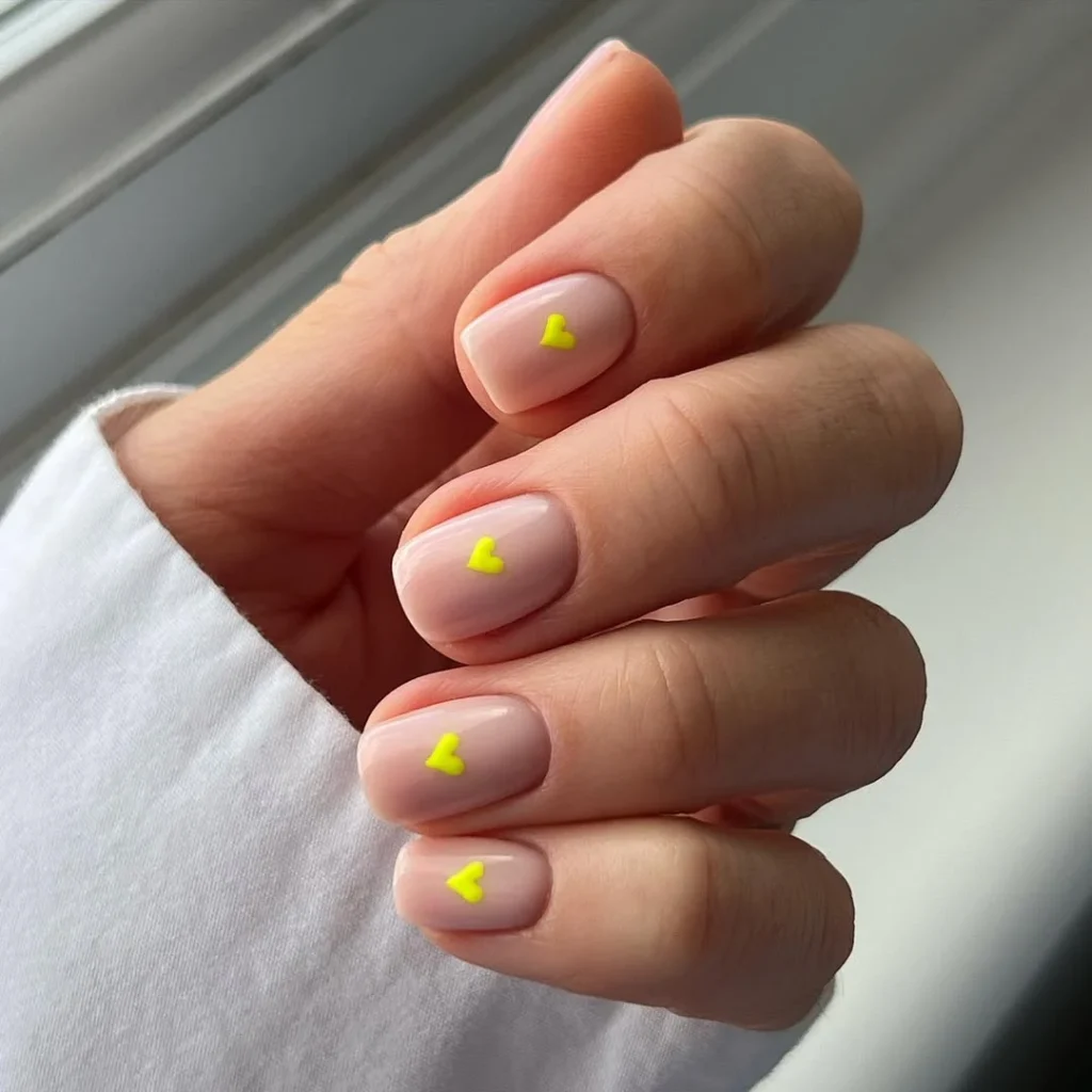 Neon Yellow Heart Nude Nails