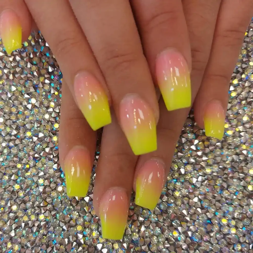 Neon Yellow Pink Ombre Coffin Nails
