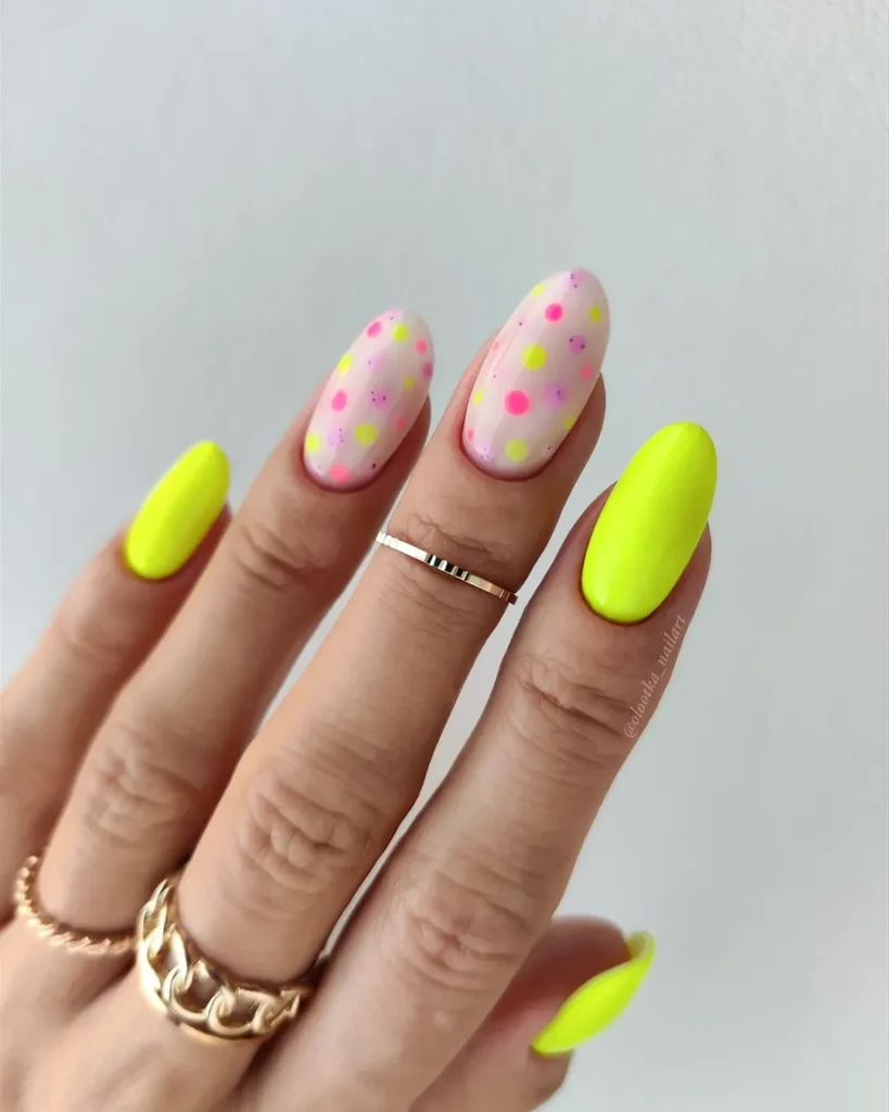 Neon Yellow Polka Dot Accent Almond Nails 