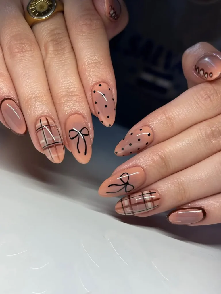 Nude Plaid and Bow Nail Art with Polka Dots for Fall