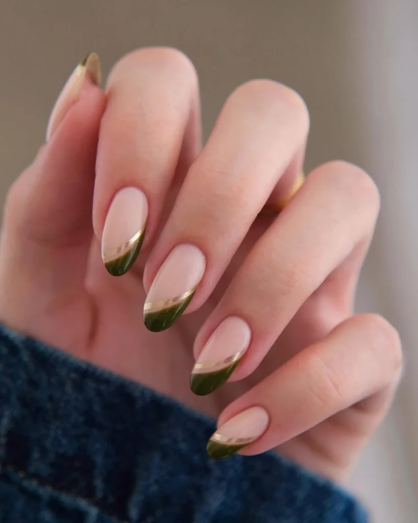  Olive Green Gold French Tip Almond
