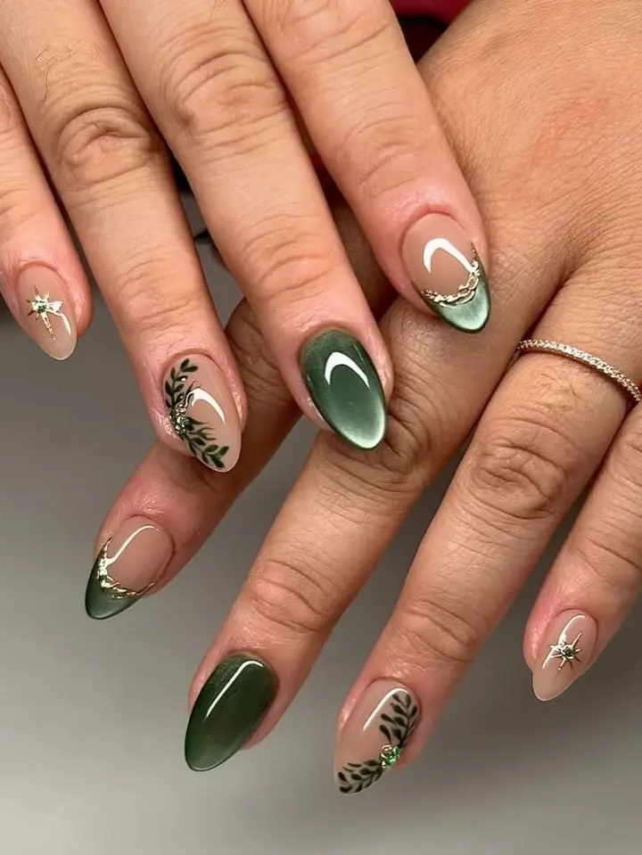 Olive Green and Nude Nail Art