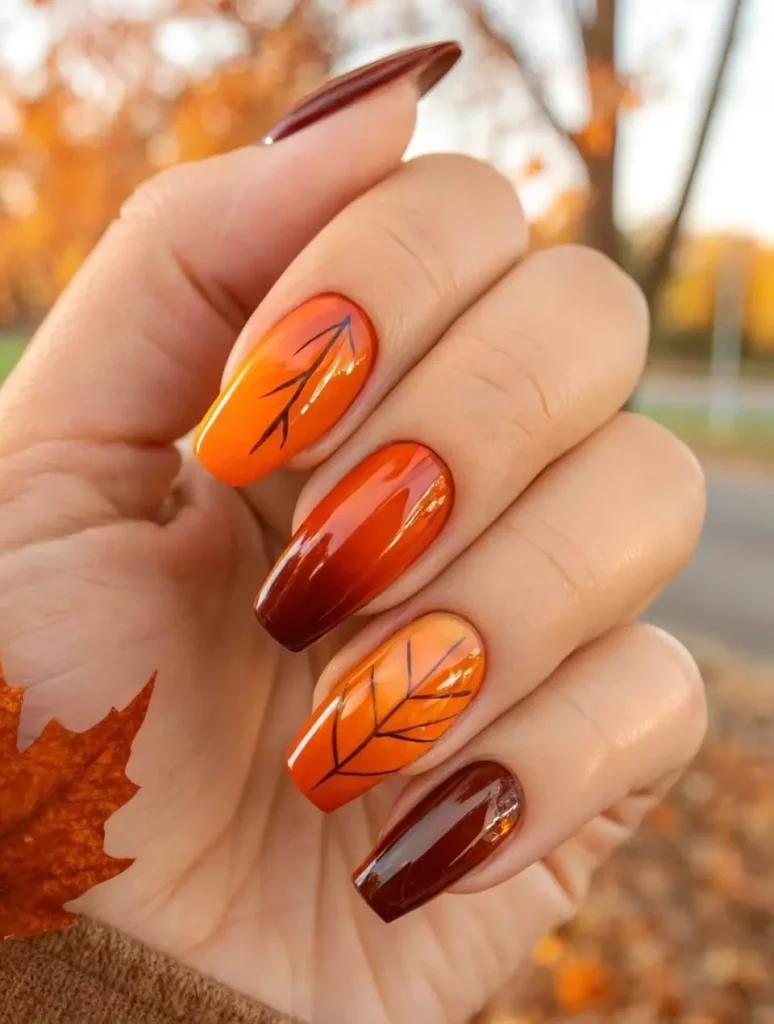 Orange Ombre Nails with Leaf Vein Art