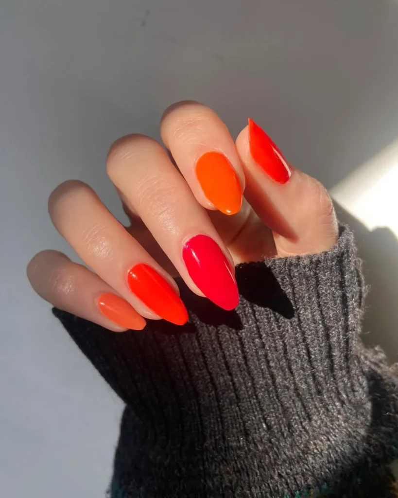 Orange red bright nails summer