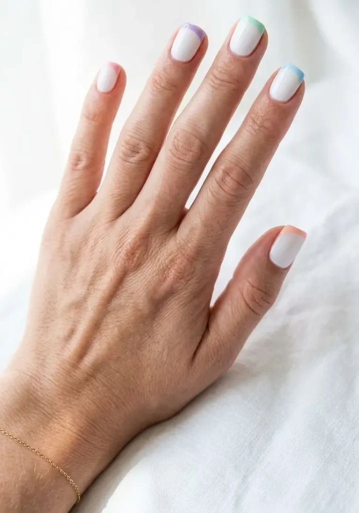 Pastel Rainbow French Tip Nails On Short Square Shape
