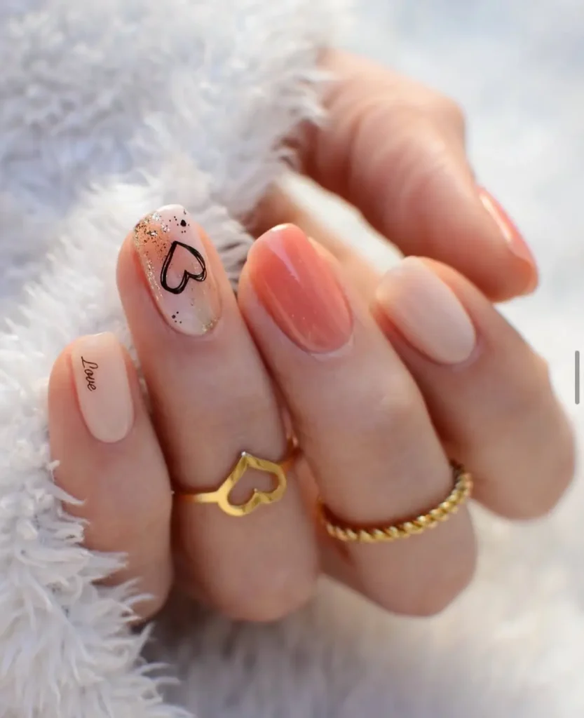 Peach Ombre Nails with Heart and Love Script Art