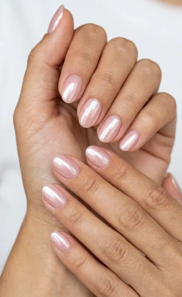 Pearlescent Glazed Donut Chrome Nails On Short Oval Shape