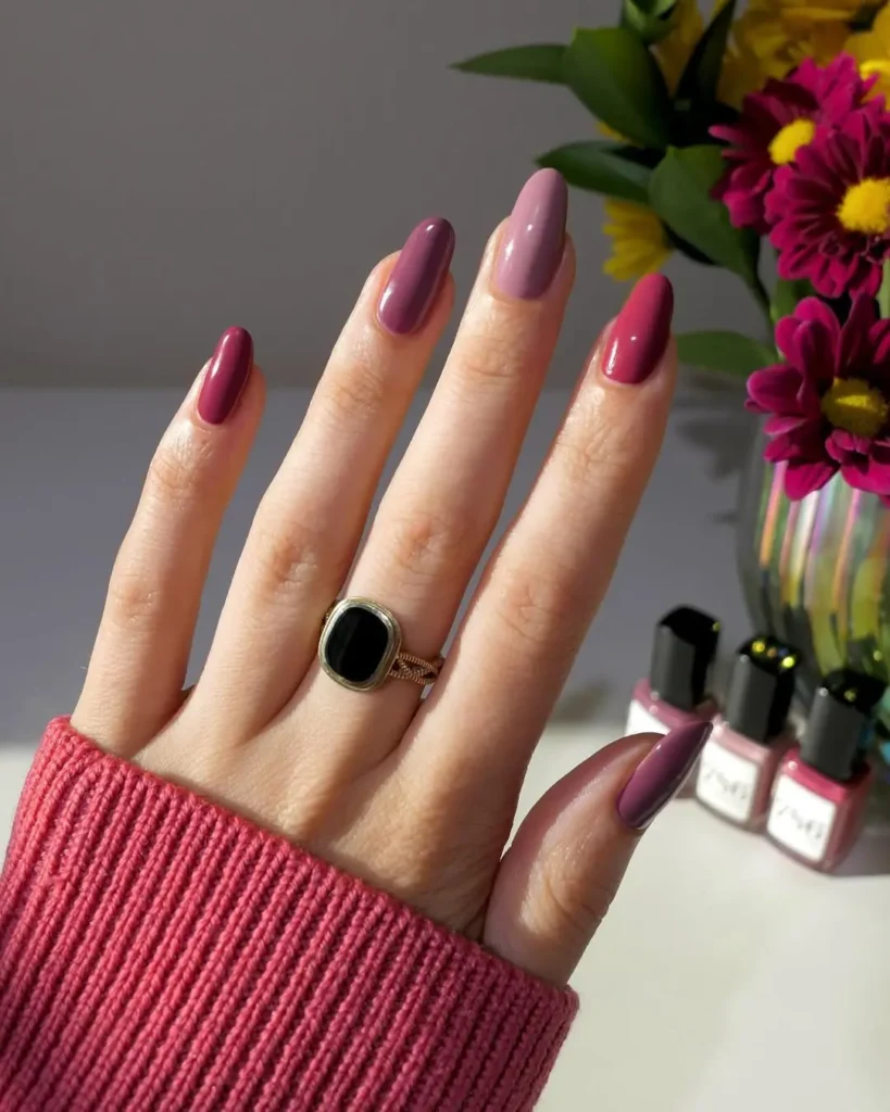 Pink and Mauve Skittle Manicure for Fall