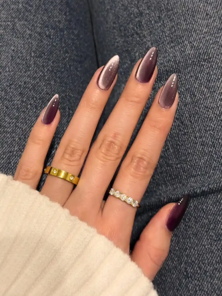 Plum Chrome Ombre Nails with Diamond Accent