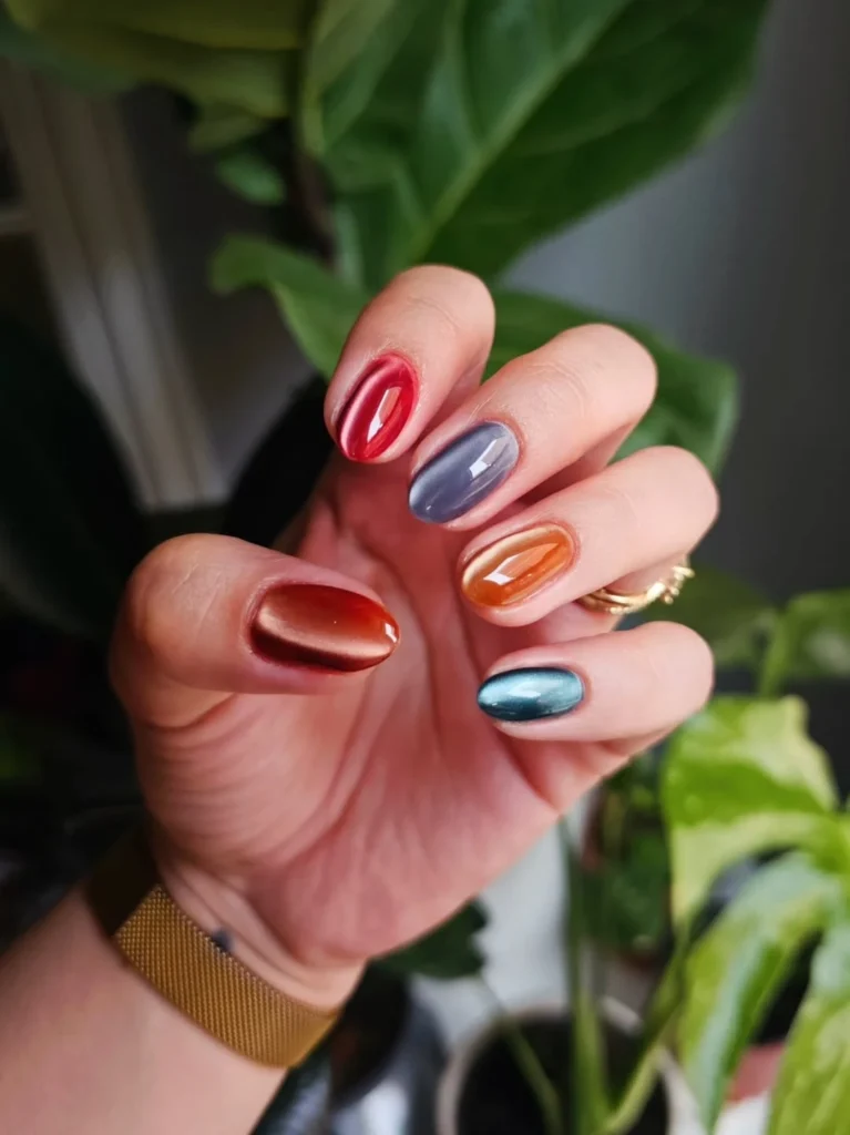Rainbow Cat Eye Jewel Tone Nails