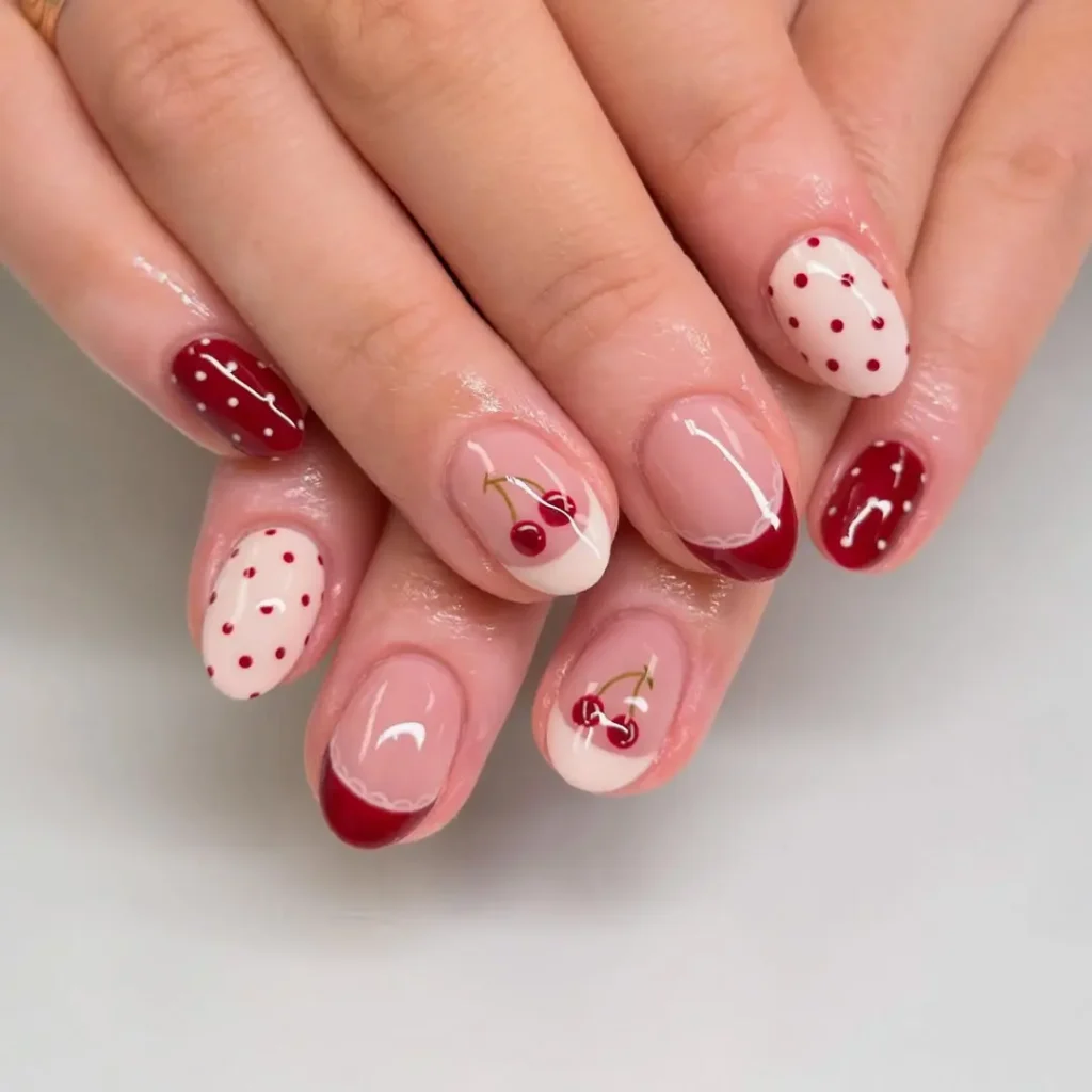 Red Cherry and Polka Dot French Tip Nail Art