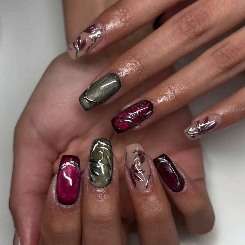 Structured Jewel Tone Nails with Floral Chrome Art