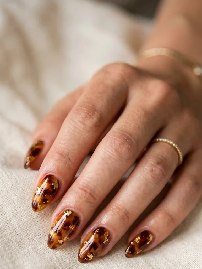 Tortoiseshell Almond Nails With Gold Foil Flakes On Glossy Finish