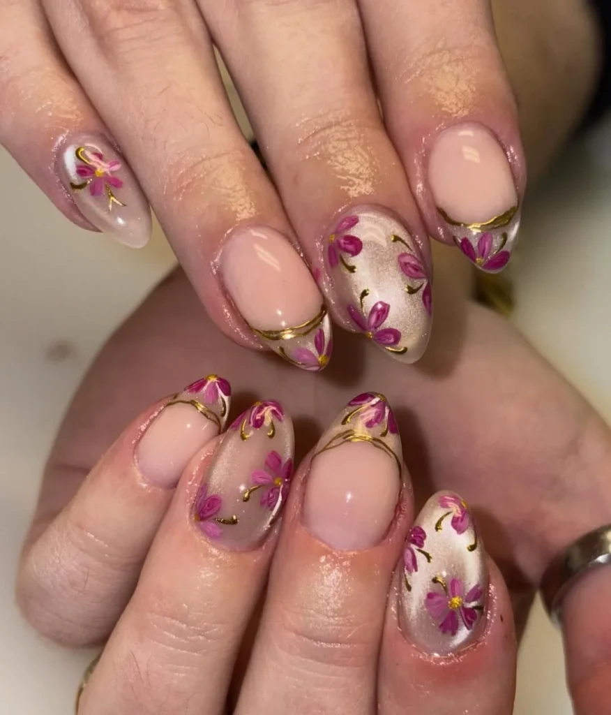Velvet Floral Gold Vine Nails