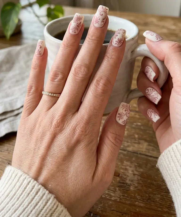 Vintage Rose Swirl Nail Art On Cream White Square Nails