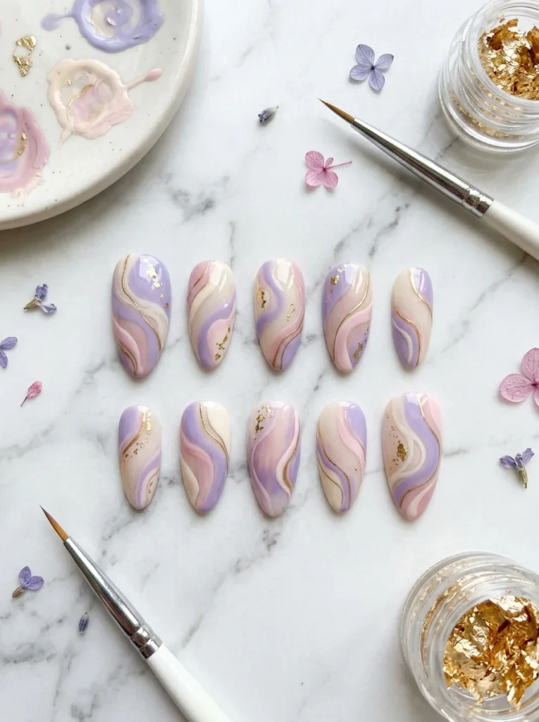 abstract swirl press on nails 2026 - pastel color swirl and line art nail designs