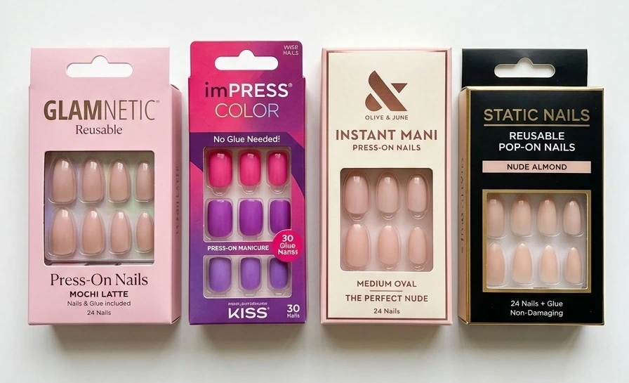 best press on nail brands 2026 - Glamnetic imPRESS Olive and June Static Nails product flat lay