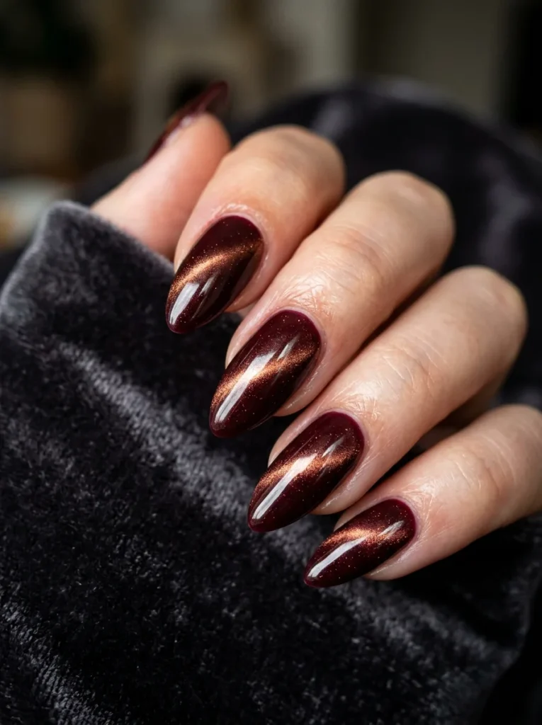 cat eye press on nails 2026 - magnetic cat eye effect in burgundy and forest green