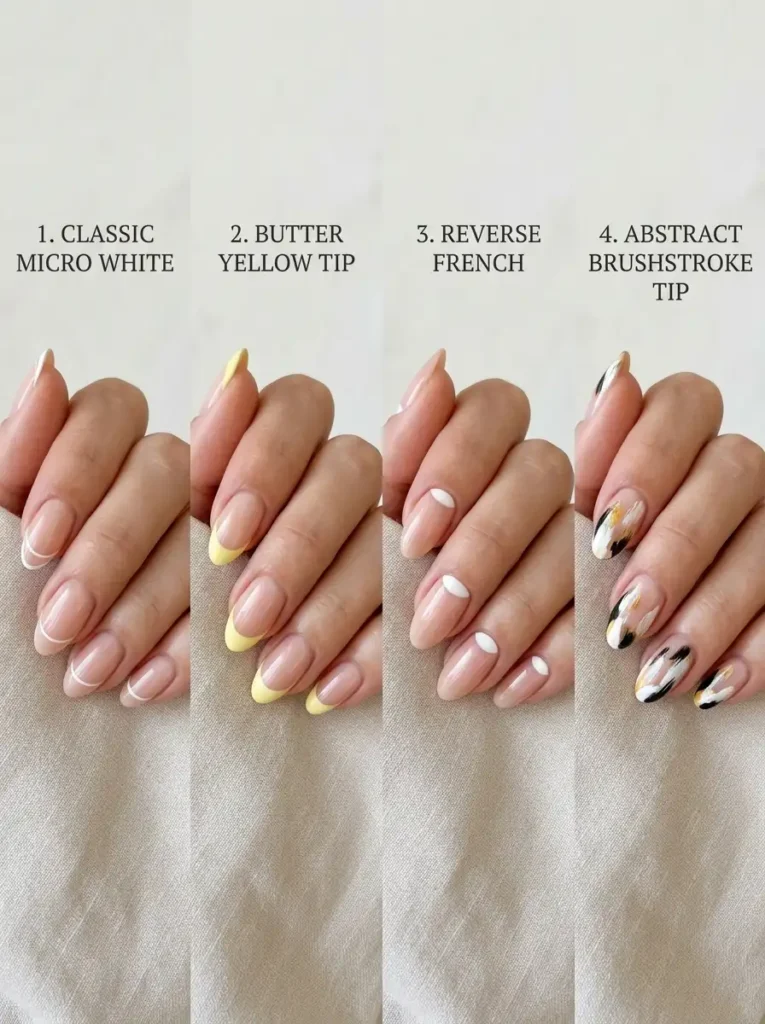 french tip press on nail trends 2026 - micro french colored tips and abstract french variations
