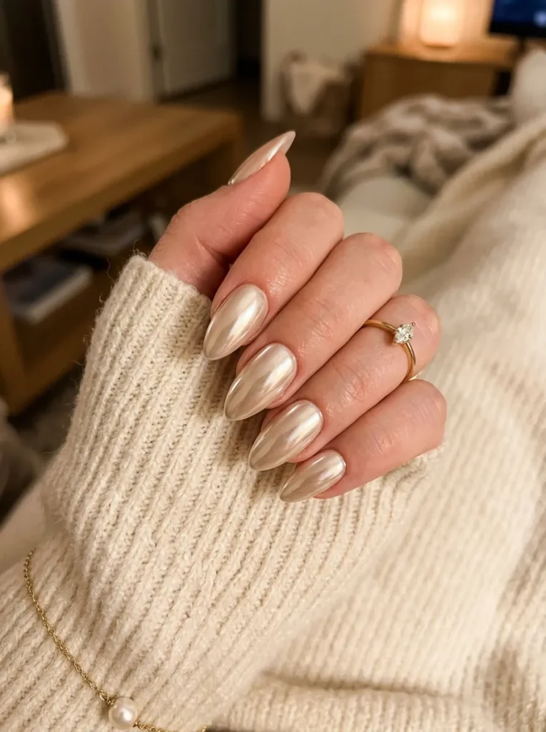 glazed chrome press on nails 2026 - pearl and champagne finish on almond nails