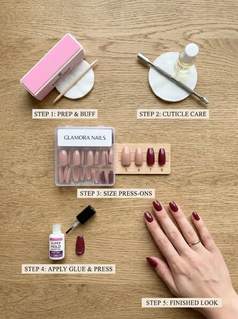 how to apply press on nails step by step 2026 - nail prep sizing glue application
