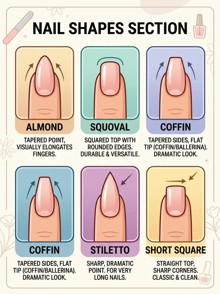 press on nail shapes 2026 comparison - almond squoval coffin stiletto and square