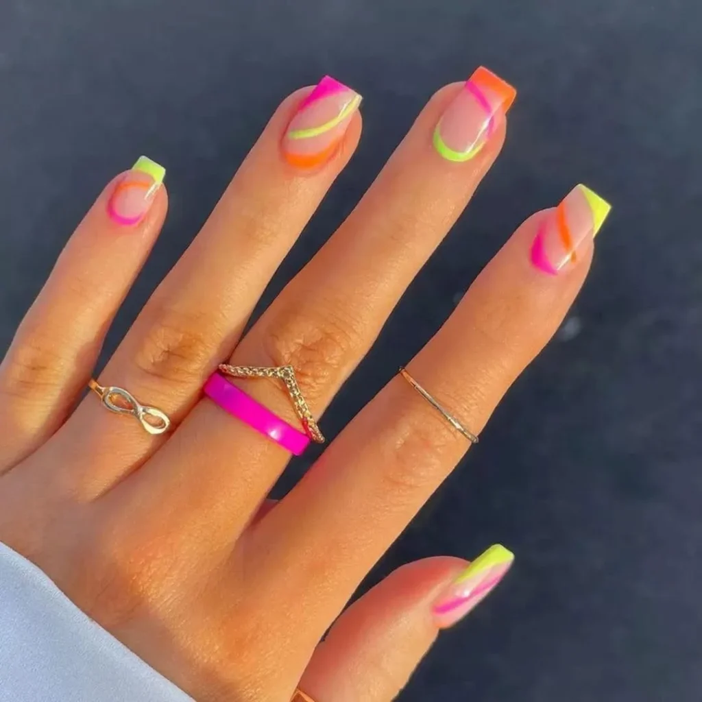 Neon french tip swirl bright nails summer