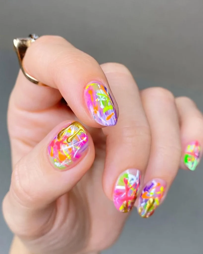 Neon splatter art bright nails summer