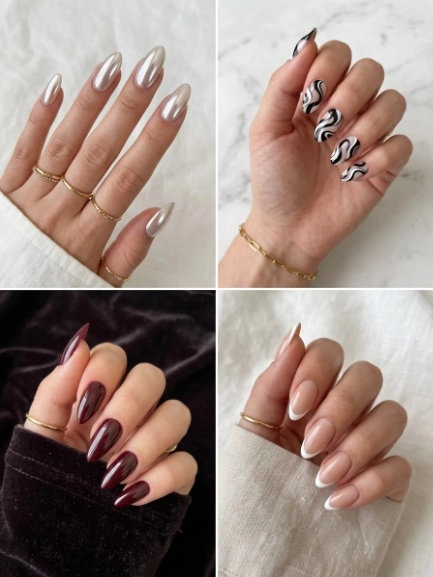 top press on nail trends 2026 collage - glazed chrome abstract and moody colors