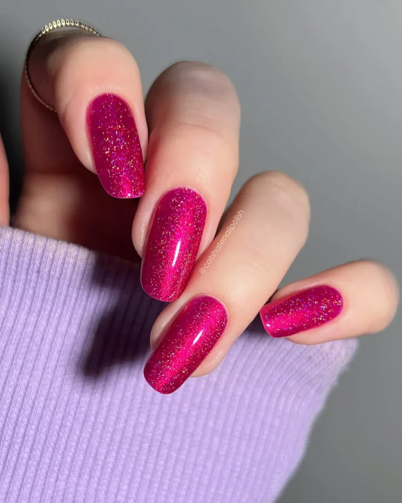 Raspberry glitter bright nails summer