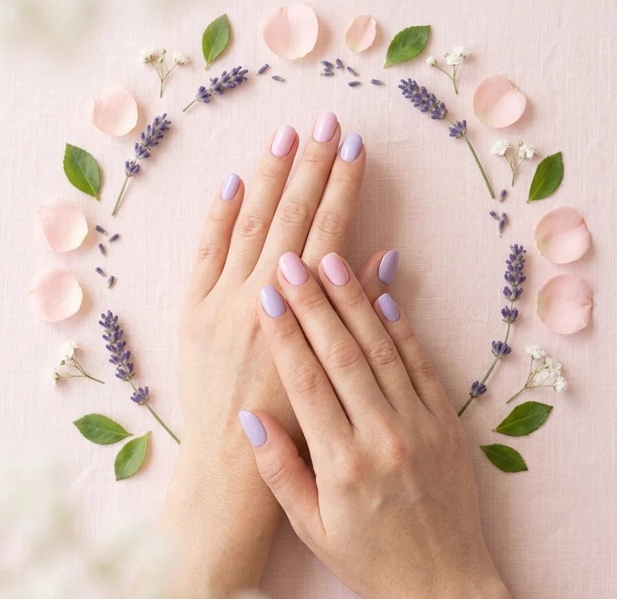 spring press on nail trends 2026 - lavender pastel floral and glazed coquette nails