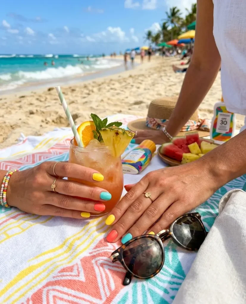 summer press on nail trends 2026 - jelly nails butter yellow coral and ocean blue