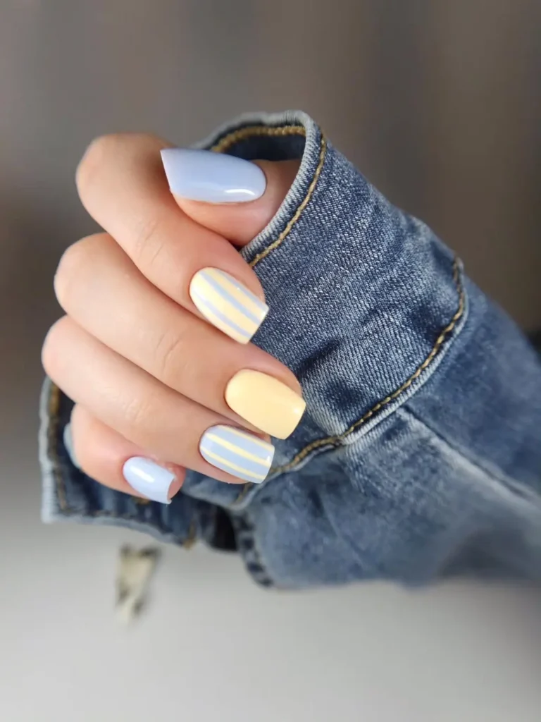 Blue and Yellow Striped Pastel Nails