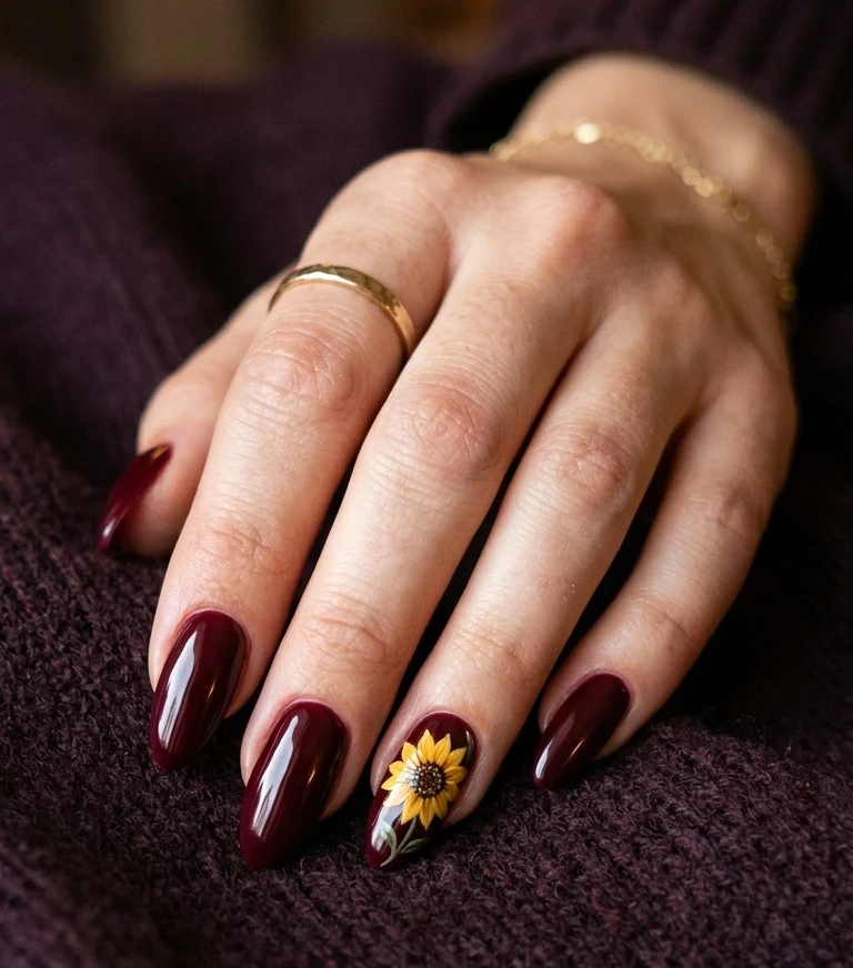 Deep Burgundy with a Single Hand Painted Sunflower