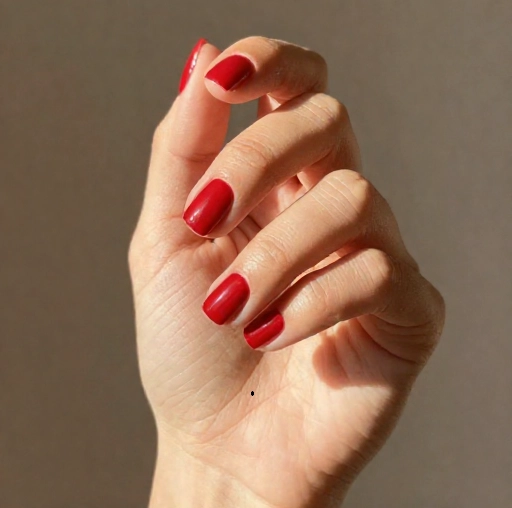classic red nail polish on medium skin hand