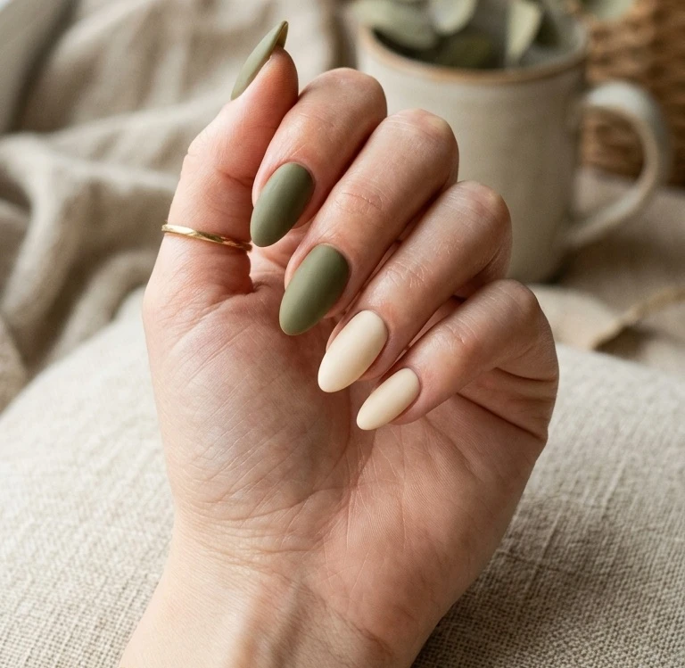 Olive Green and Cream Mismatched Almond Set
