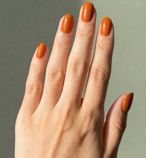 burnt orange nail polish on olive skin hand