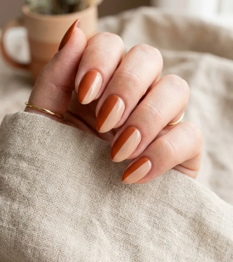 Rust and Beige Color Block on Short Almond Nails