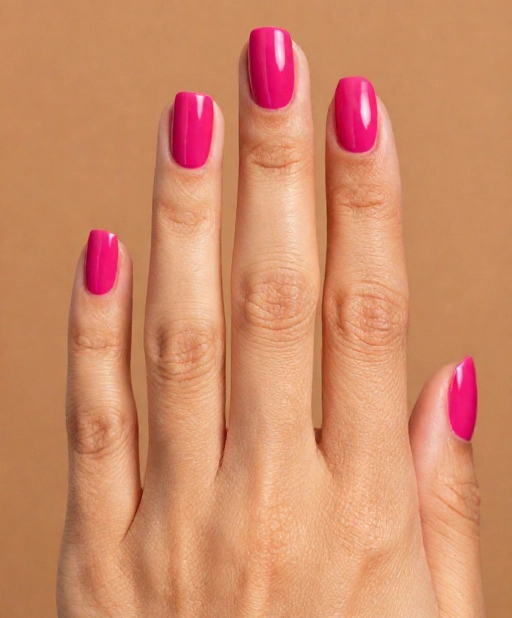 fuchsia nail polish on tan skin hand
