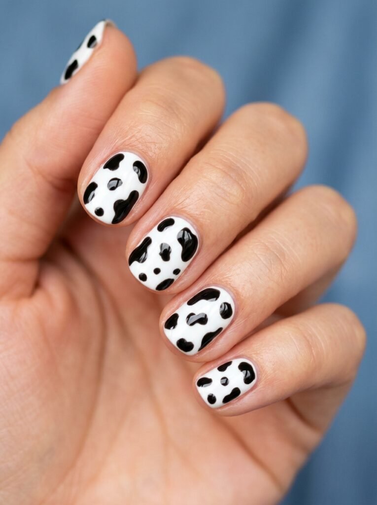 Cool girl nail designs in black and white cow print with a white base and irregular black patches on short round nails