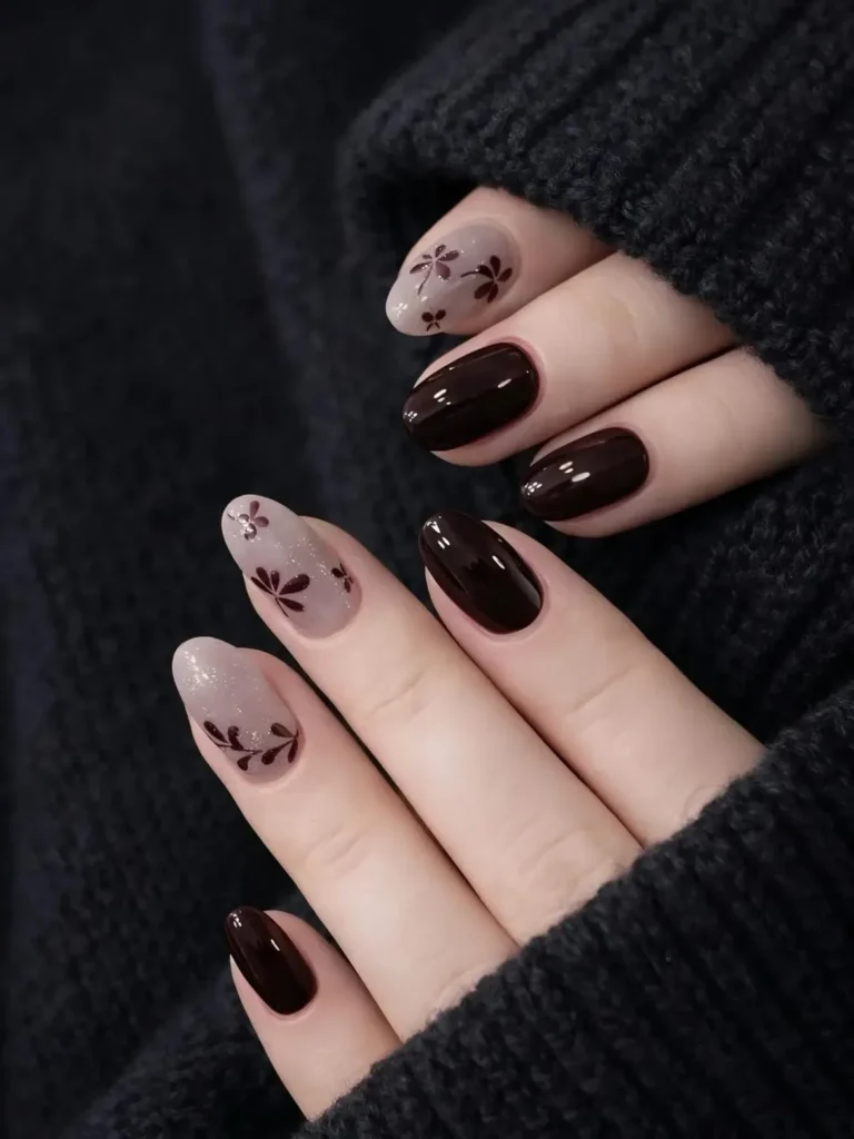 Cool girl nail designs in dark chocolate cherry with sheer smoky floral accent nails on almond nails