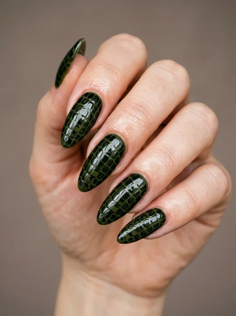Cool girl nail designs with a deep olive green base and bold black croc skin scale print in a glossy finish on long almond nails