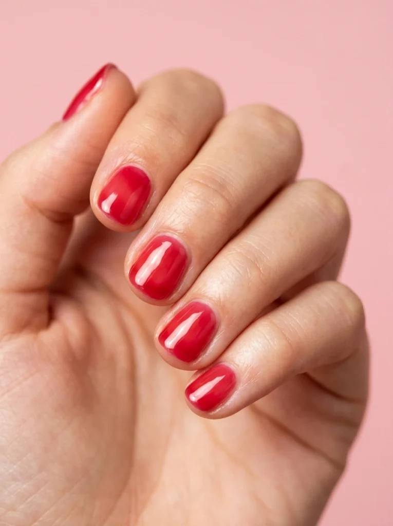 Cool girl nail designs in sheer glazed cherry red jelly finish on short round nails
