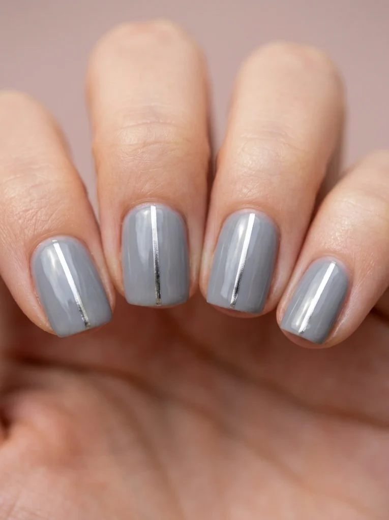 Cool girl nail designs in smoky cool gray with a thin silver center line on short square nails